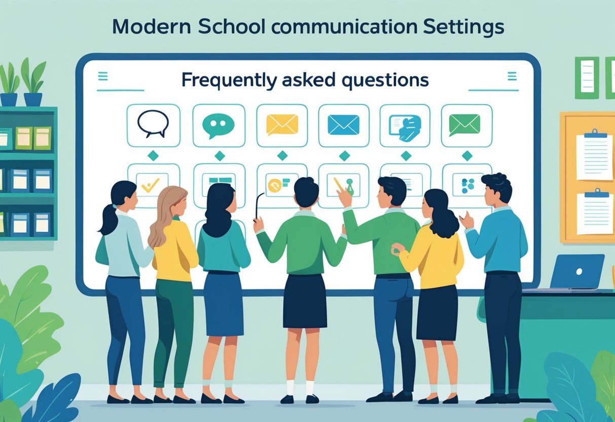 School Communication Templates: Guide to Effective School Messaging LearningMole A group of teachers and school staff discussing communication tools around a digital screen in a school office.