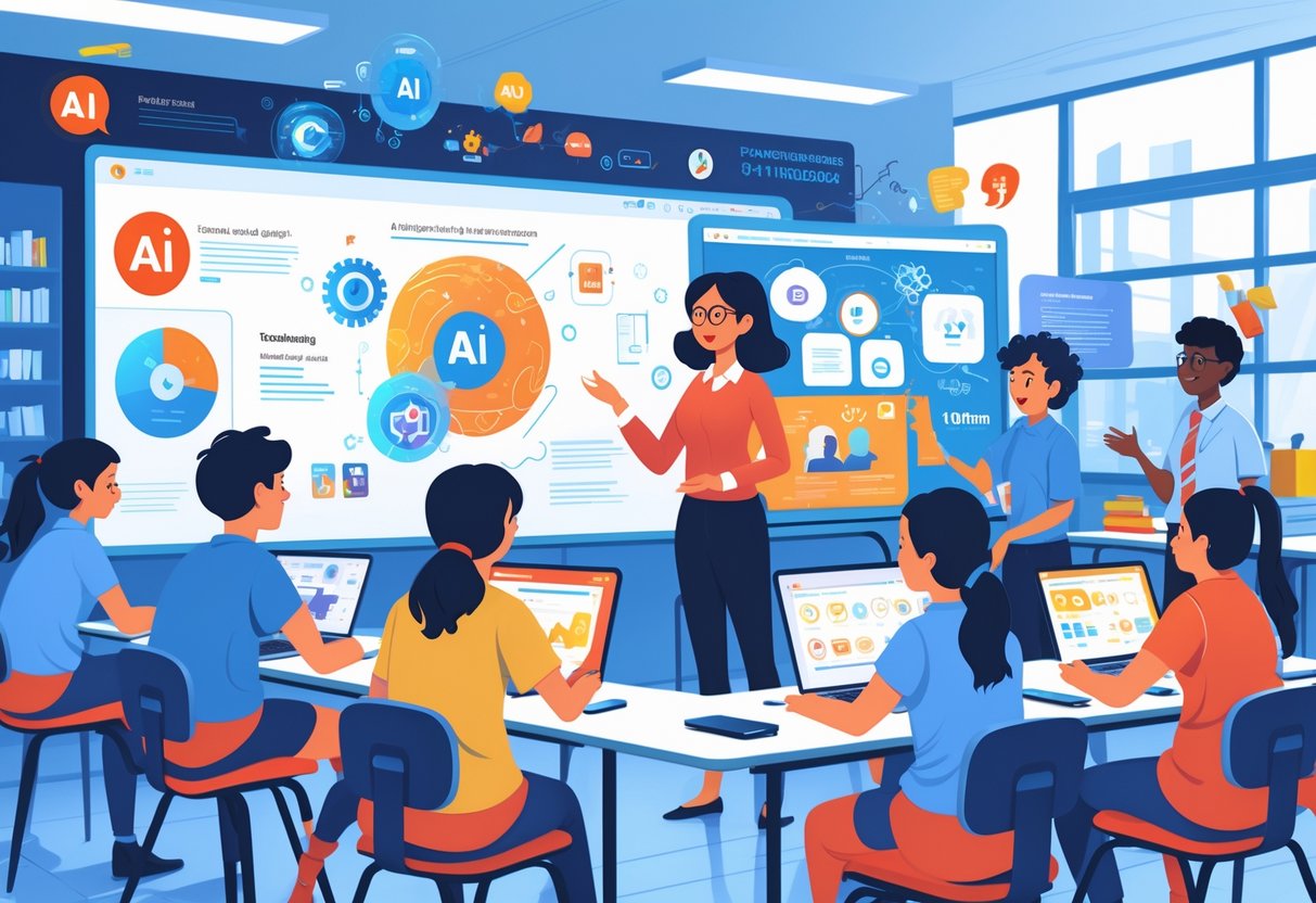 AI in the Classroom: Key Benefits, Strategies, and Best Practices LearningMole A teacher and students in a classroom using digital devices and AI technology to learn together.