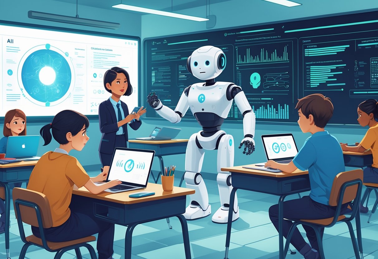 AI in the Classroom: Key Benefits, Strategies, and Best Practices LearningMole A classroom where students and a teacher use AI devices, with some students looking confused, showing challenges of AI in education.