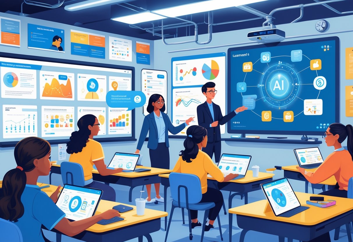 AI in the Classroom: Key Benefits, Strategies, and Best Practices LearningMole A classroom with students and a teacher using AI-powered devices and a holographic assistant to support learning.