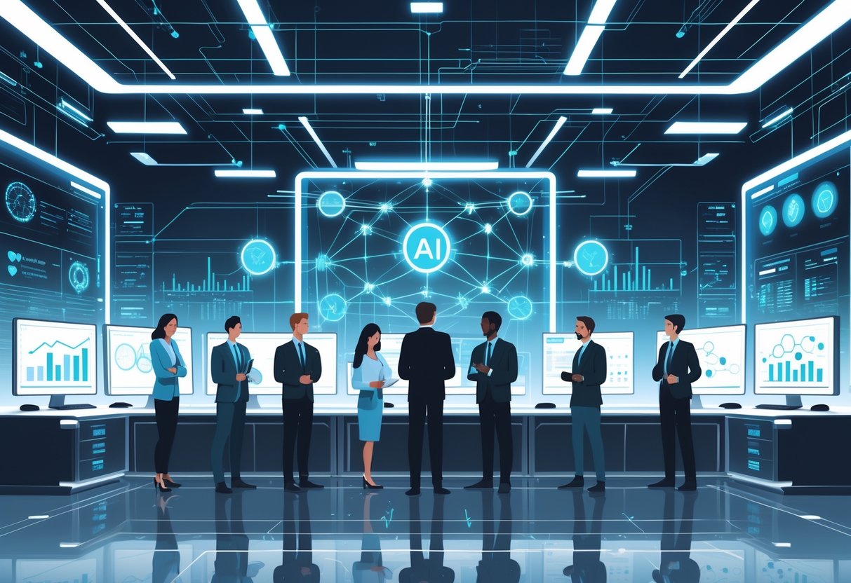 AI Feedback Systems: Optimising Intelligent Responses and Learning LearningMole A group of professionals working together in a high-tech room with digital screens showing data and AI patterns, representing quality, accuracy, and trust in AI feedback systems.