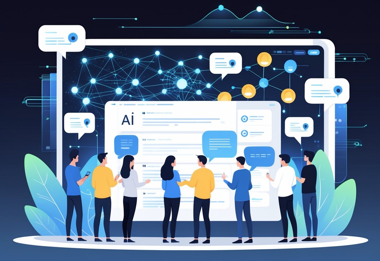 AI Feedback Systems: Optimising Intelligent Responses and Learning LearningMole A group of people interacting with a futuristic digital interface showing abstract AI elements and data flows representing an AI feedback system for frequently asked questions.