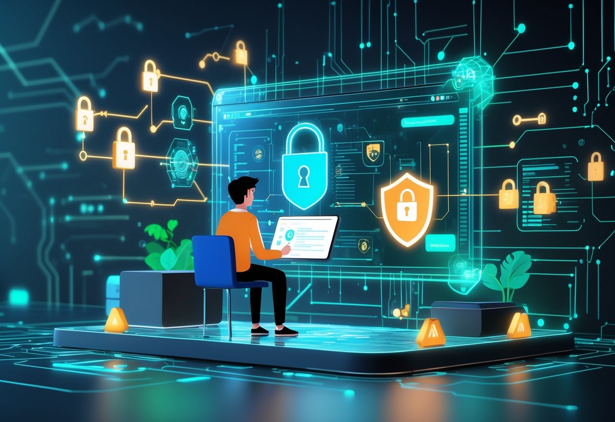 AI Homework Help: Essential Guide for Students in 2025 LearningMole A student using a holographic AI assistant with digital padlocks and shield icons symbolising data security and privacy around them.