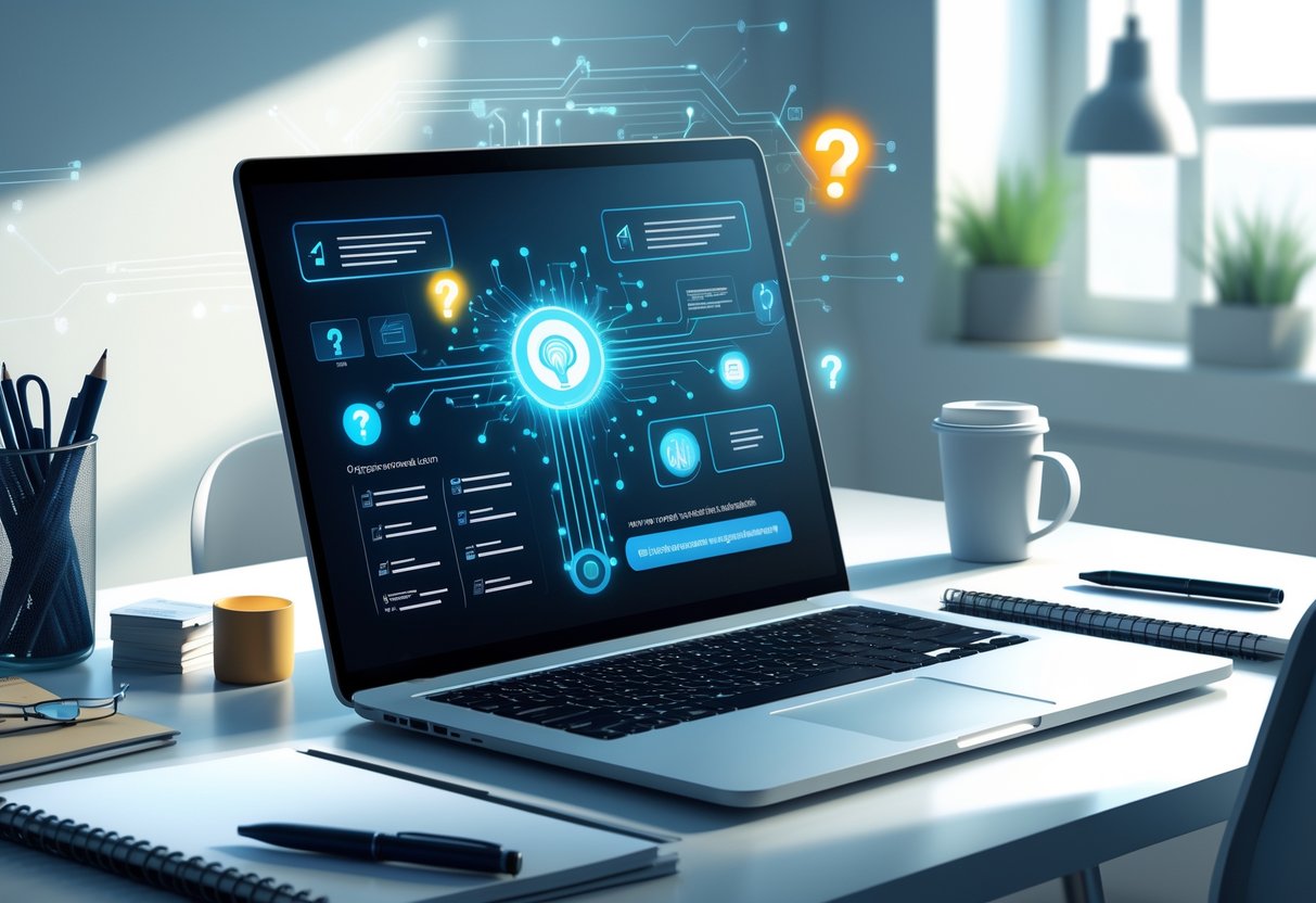 AI Lesson Plan Generator: Streamline Lesson Planning for Educators LearningMole A workspace with a laptop showing an AI lesson plan generator interface surrounded by educational tools and subtle digital elements representing artificial intelligence.