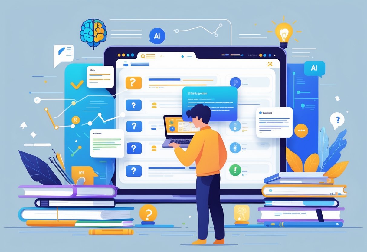 AI Test Maker: Powerful Tools for Effortless Test Creation LearningMole A person working at a laptop surrounded by books and digital icons, creating quizzes using AI technology.