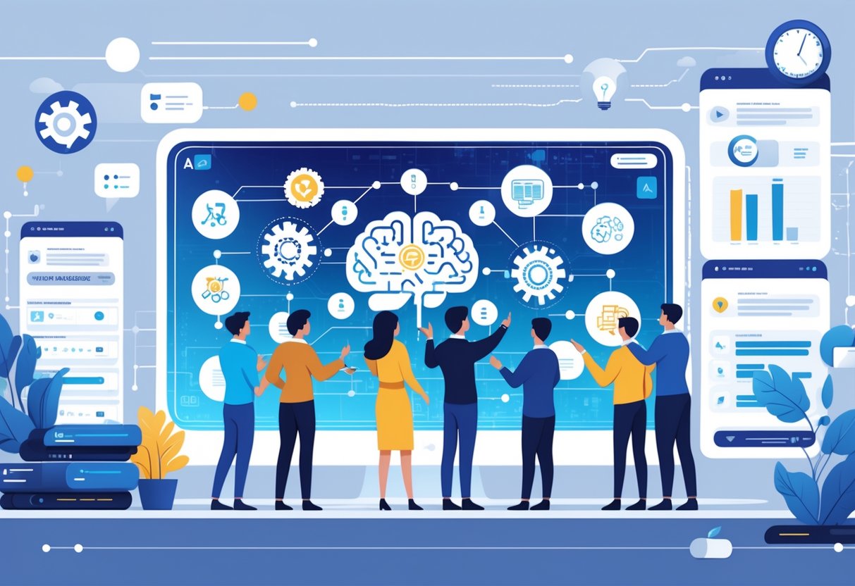 AI Test Maker: Powerful Tools for Effortless Test Creation LearningMole A group of people working together around a large digital screen showing AI-related icons and automated test creation processes in a modern workspace.