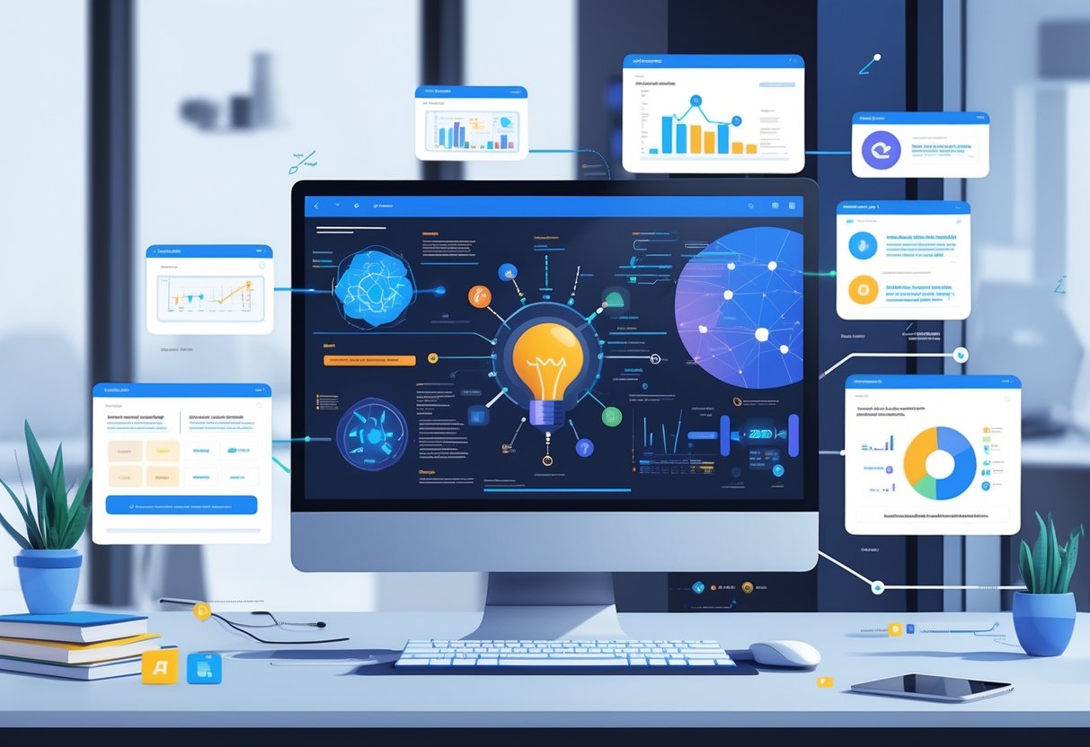 AI Test Maker: Powerful Tools for Effortless Test Creation LearningMole A modern workspace with a computer showing AI-related graphics and digital tools for creating tests, set in a clean office environment.