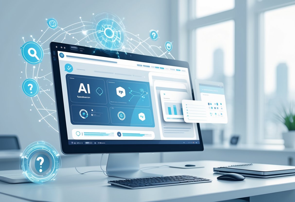 AI Test Maker: Powerful Tools for Effortless Test Creation LearningMole A computer screen showing a digital dashboard with icons representing AI, test creation, and learning management, set in a clean office workspace.