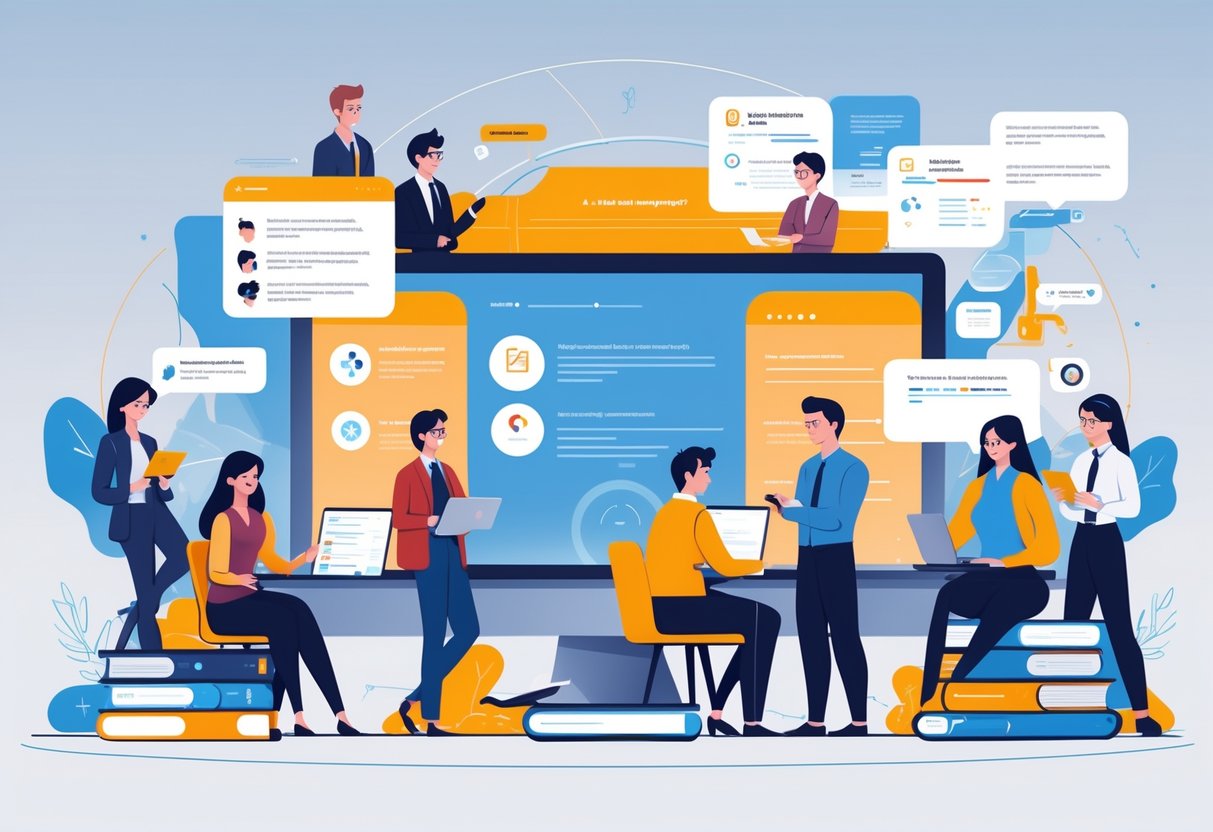 AI Test Maker: Powerful Tools for Effortless Test Creation LearningMole A diverse group of people using digital devices in a modern workspace, interacting with an AI test-making application.
