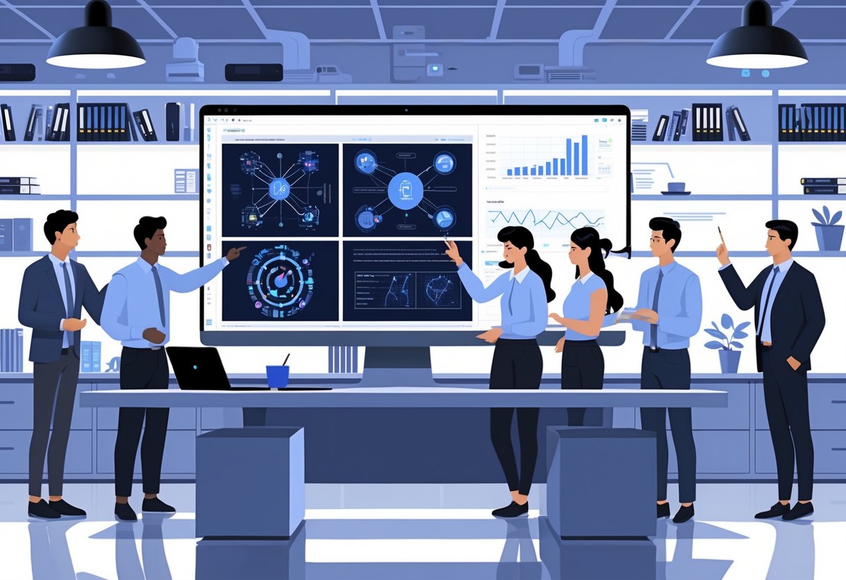 AI Test Maker: Powerful Tools for Effortless Test Creation LearningMole A modern office scene with people collaborating around a desk showing AI data on a computer screen.