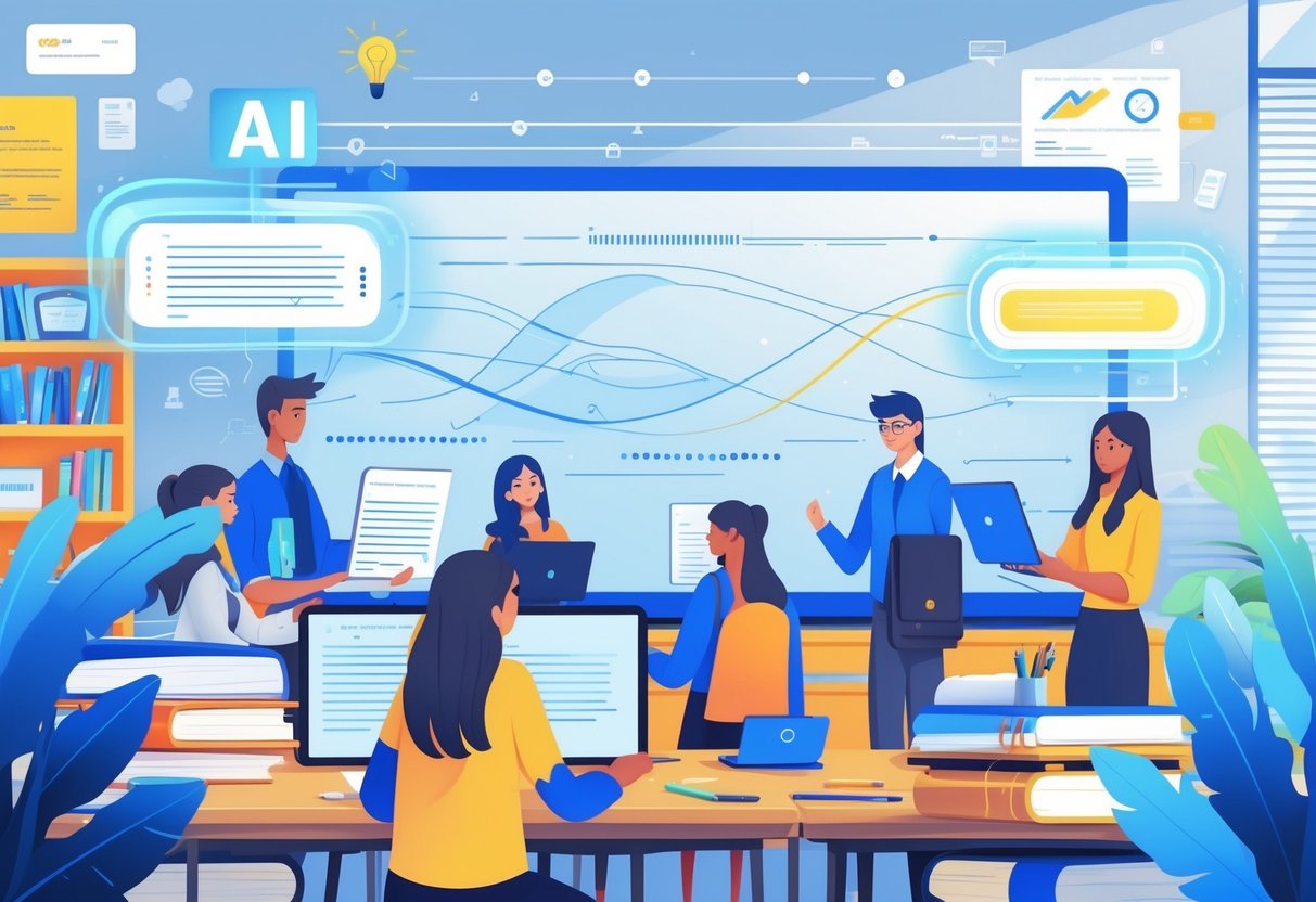 AI Writing Tools for Education: Essential Solutions for Classrooms LearningMole A classroom with students and teachers using laptops and tablets showing holographic AI writing tools, surrounded by books and educational materials.