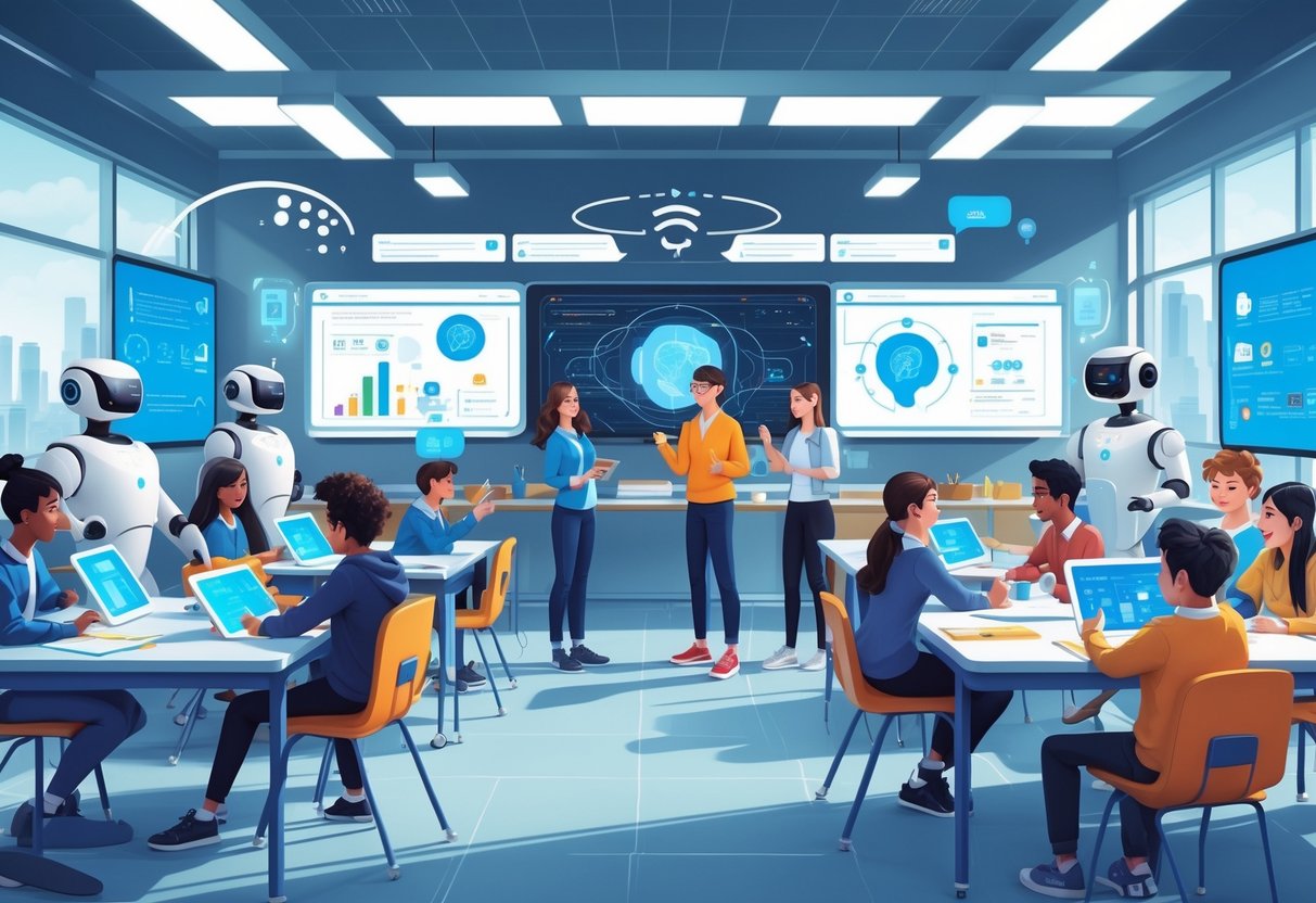 AI Student Engagement Tools: Maximising Motivation & Classroom Success LearningMole A modern classroom where students use advanced AI devices like holographic tablets and virtual reality headsets, assisted by robots and AI avatars, engaging in interactive learning activities.
