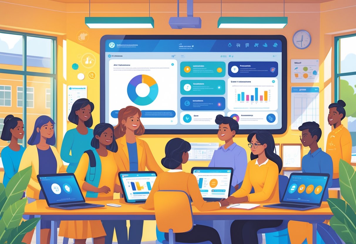 AI Parent Communication Tools: How AI Transforms Family-School Partnerships LearningMole Parents and teachers in a school office using digital devices to communicate with each other, with a digital dashboard showing abstract AI-related visuals in the background.