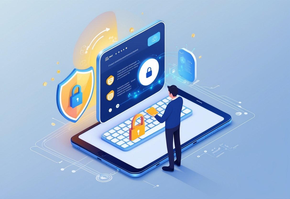 AI Parent Communication Tools: How AI Transforms Family-School Partnerships LearningMole A parent holding a tablet displaying AI communication icons surrounded by symbols of data protection like a shield and padlock.