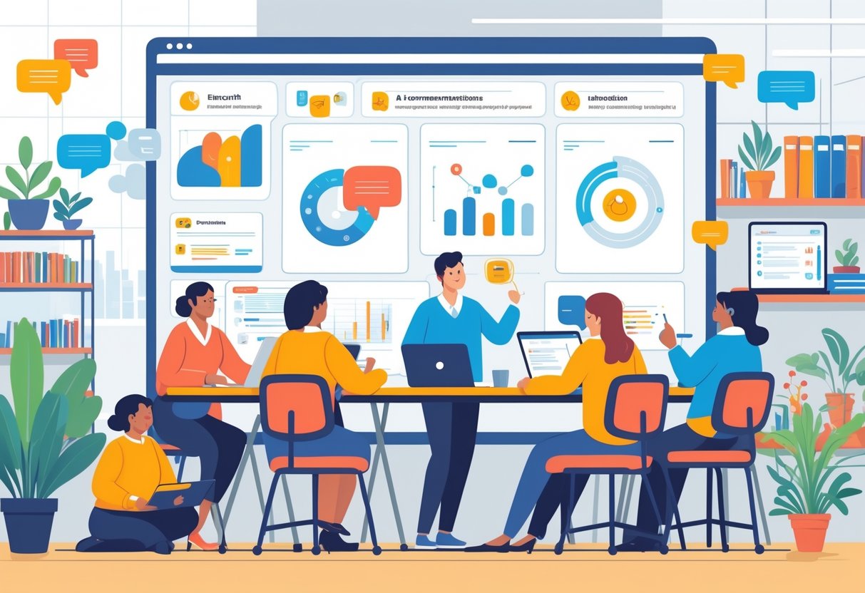 AI Parent Communication Tools: How AI Transforms Family-School Partnerships LearningMole A group of parents and educators in an office working together using laptops and tablets with a digital screen showing communication icons.