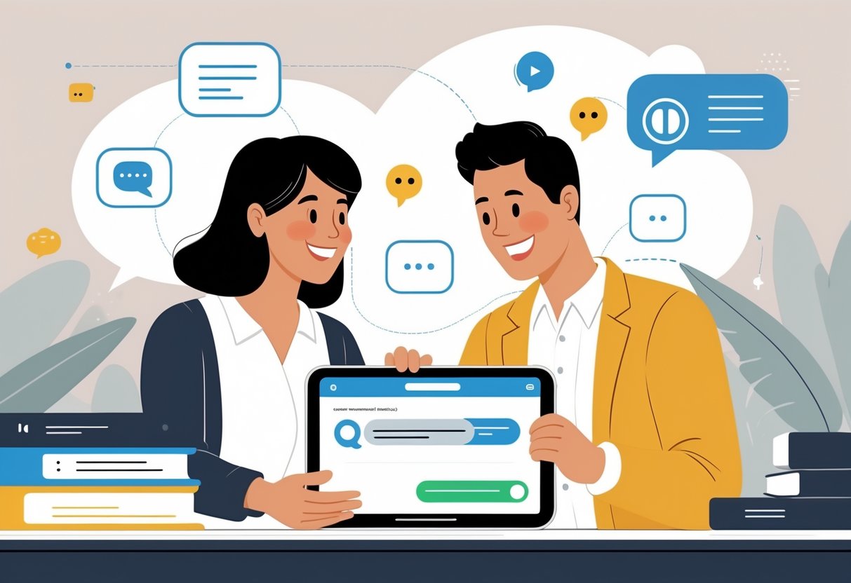 AI Parent Communication Tools: How AI Transforms Family-School Partnerships LearningMole A parent and a teacher talking and using a tablet in a classroom setting with digital icons representing communication and technology around them.