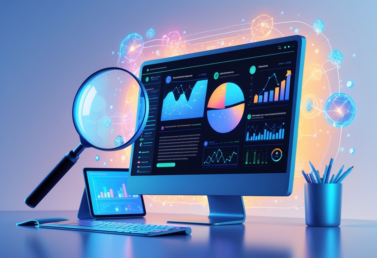 A computer screen showing a digital interface analysing text with highlighted sections and data charts, surrounded by abstract AI symbols and a magnifying glass focusing on the text.