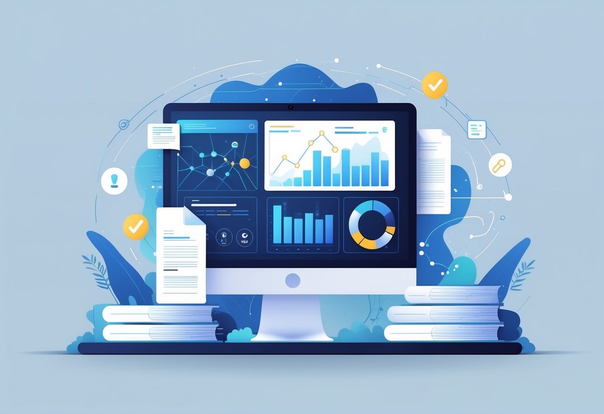 A computer screen showing a digital interface with highlighted text and data streams, surrounded by abstract AI symbols representing plagiarism detection.
