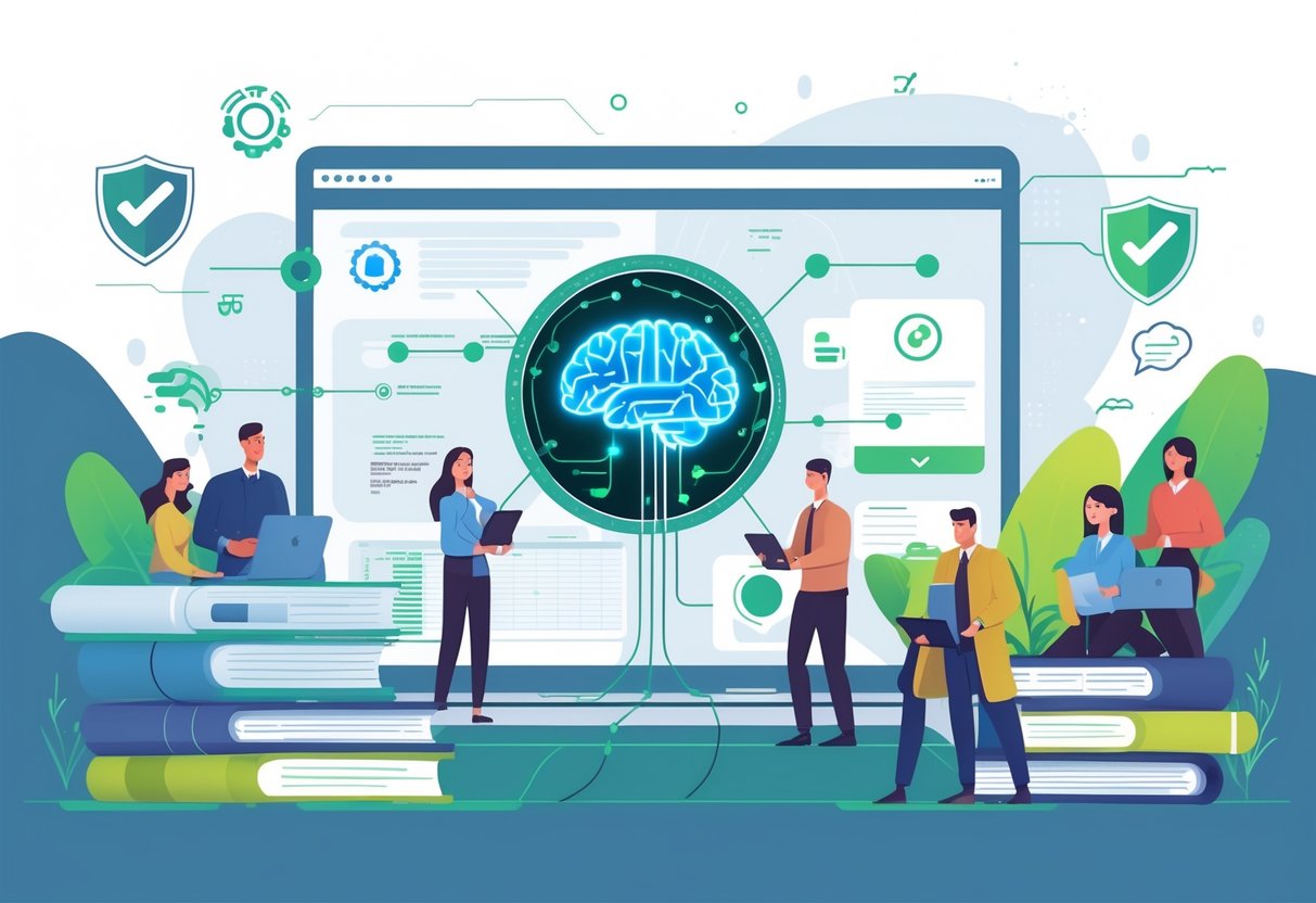 A group of students and educators working together with laptops and books, connected to a glowing AI brain icon and digital symbols representing academic integrity and plagiarism detection.