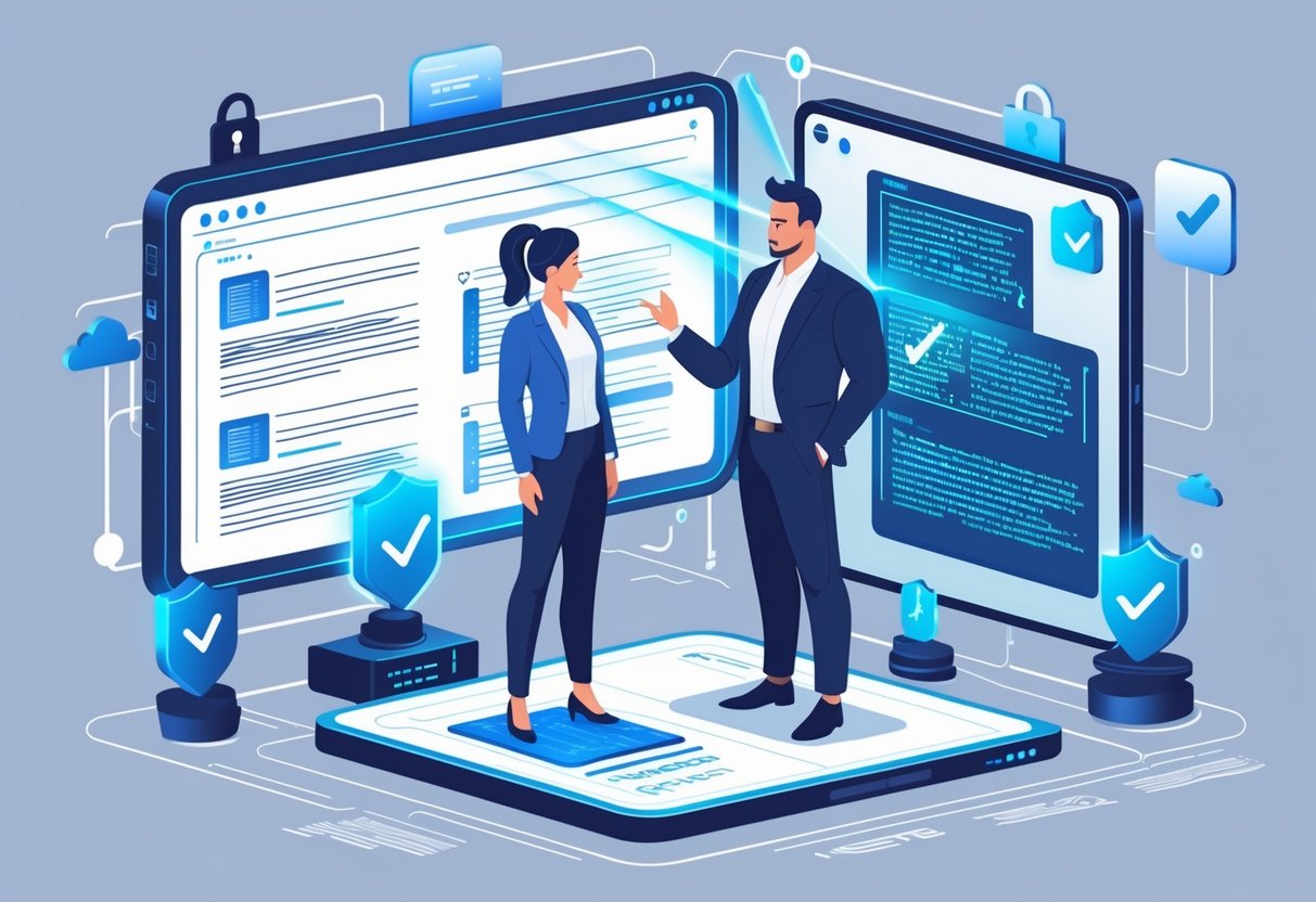 A businessperson and a content creator standing together with digital screens and a hovering AI analysing documents, surrounded by secure network symbols.