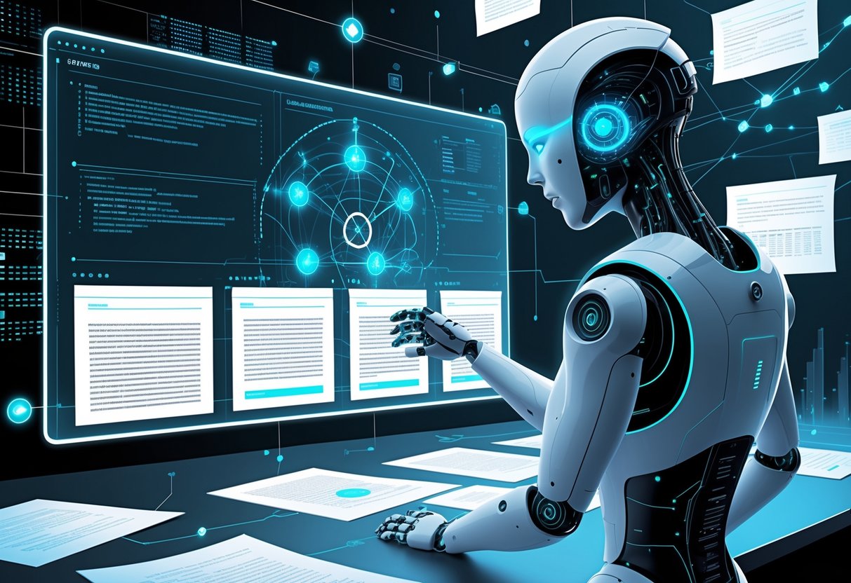 A futuristic scene showing a humanoid AI robot analysing digital documents on holographic screens with data streams and network patterns around it, representing AI technology detecting plagiarism.