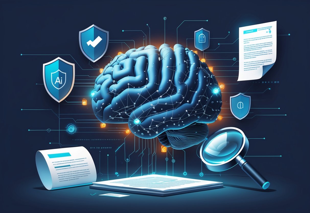 An illustration showing a digital AI brain surrounded by cracked shields, overlapping documents, and a magnifying glass, symbolising the challenges of detecting plagiarism using artificial intelligence.