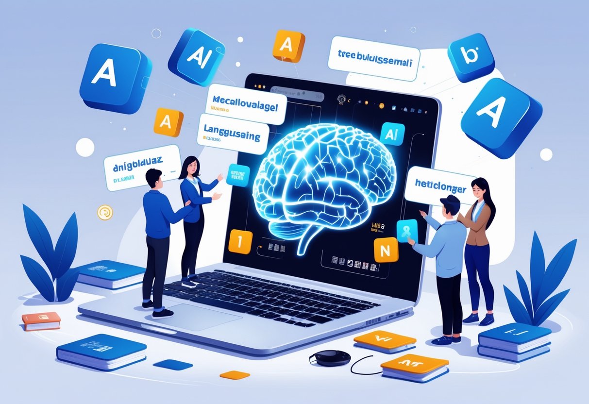 AI Language Learning Tools: The Complete Guide to Smarter Language Study LearningMole A digital workspace with a laptop showing an AI brain interface, surrounded by floating word blocks and diverse people interacting with holographic language elements.