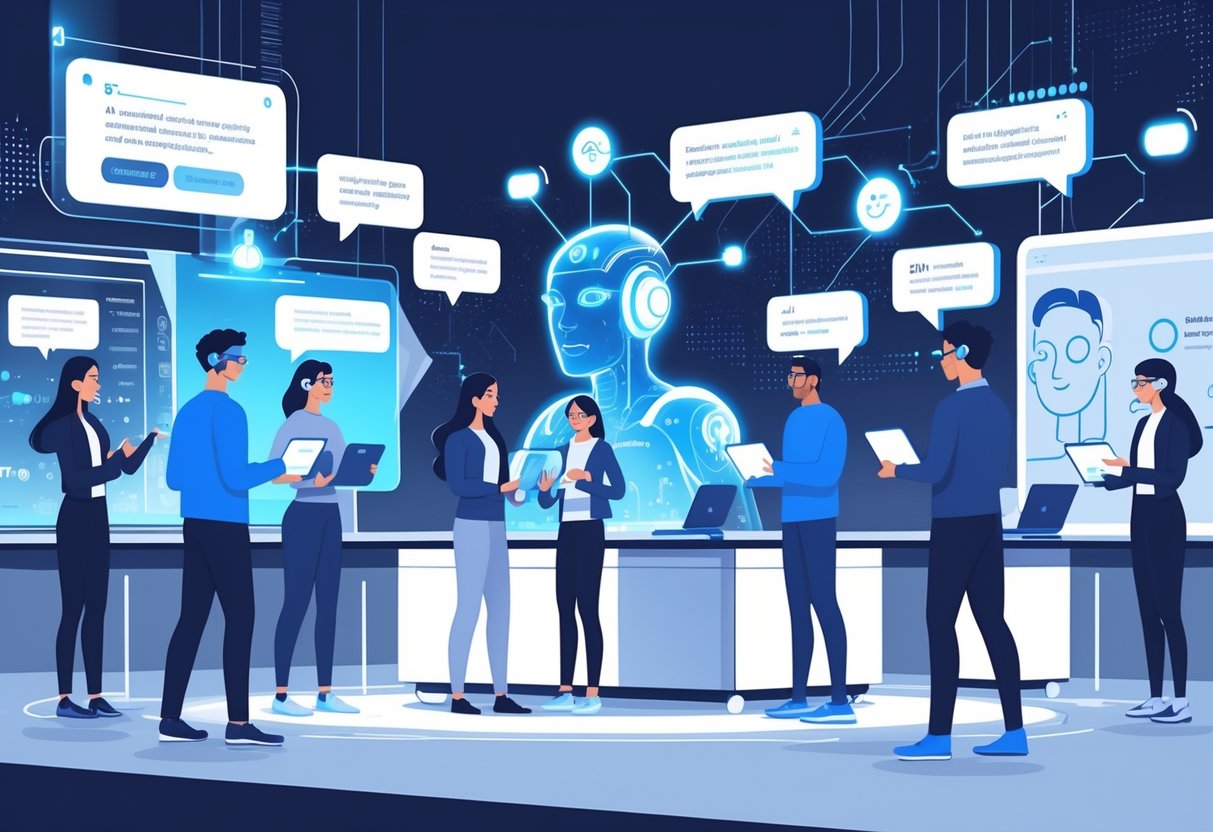 AI Language Learning Tools: The Complete Guide to Smarter Language Study LearningMole People interacting with digital devices and holographic AI avatars in a high-tech learning environment focused on language conversations and simulations.