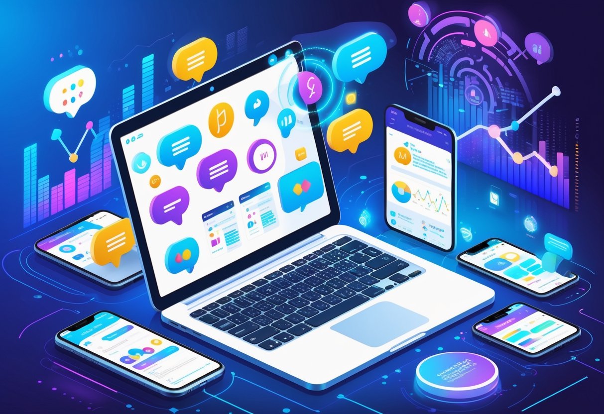 AI Language Learning Tools: The Complete Guide to Smarter Language Study LearningMole A modern workspace with a laptop, tablet, and smartphone showing icons related to language learning and AI technology.