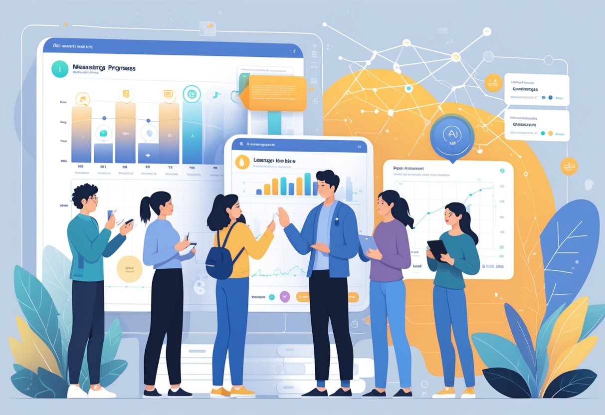 AI Language Learning Tools: The Complete Guide to Smarter Language Study LearningMole People using advanced digital devices to track and improve their language learning progress with visual graphs and interactive tools.