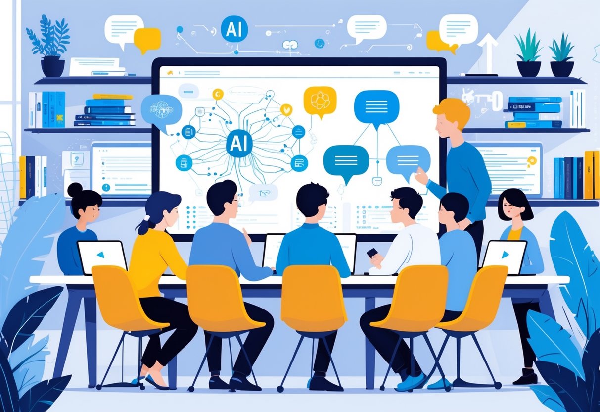 AI Language Learning Tools: The Complete Guide to Smarter Language Study LearningMole A group of people working together around a digital screen showing abstract AI and language learning visuals in a bright modern workspace.