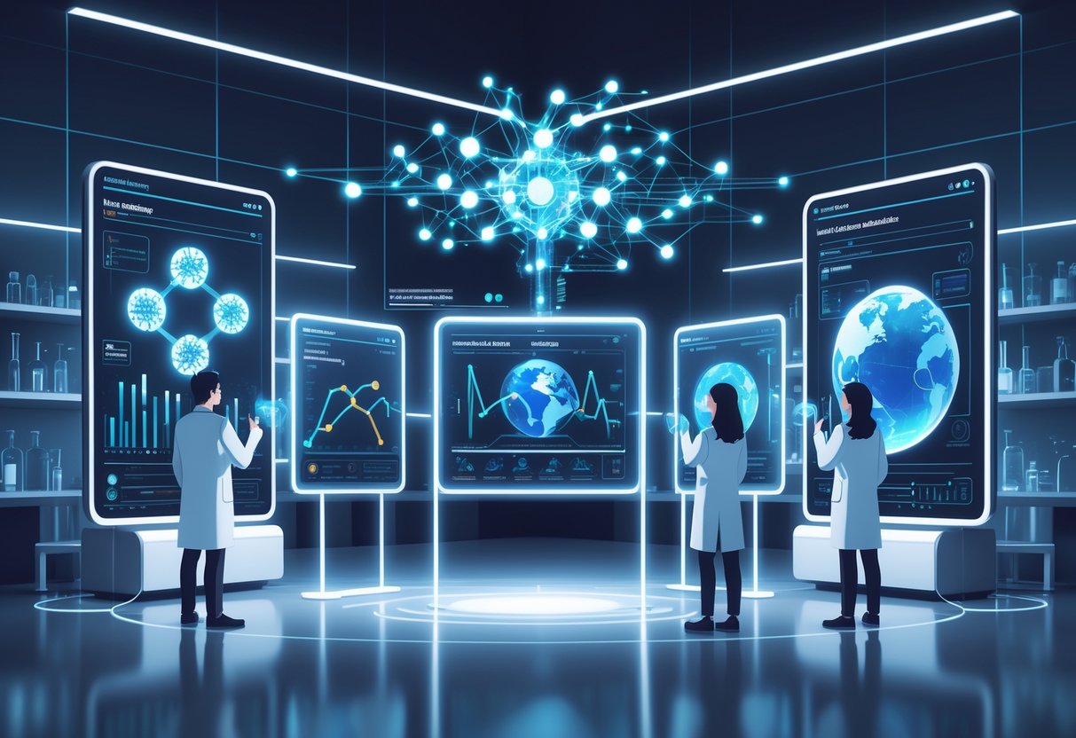 AI Science Simulation Tools: Best Platforms, Methods, and Use Cases LearningMole A modern laboratory with scientists interacting with holographic displays showing different scientific simulations like molecular dynamics, climate models, and fluid flow, connected by an AI neural network.