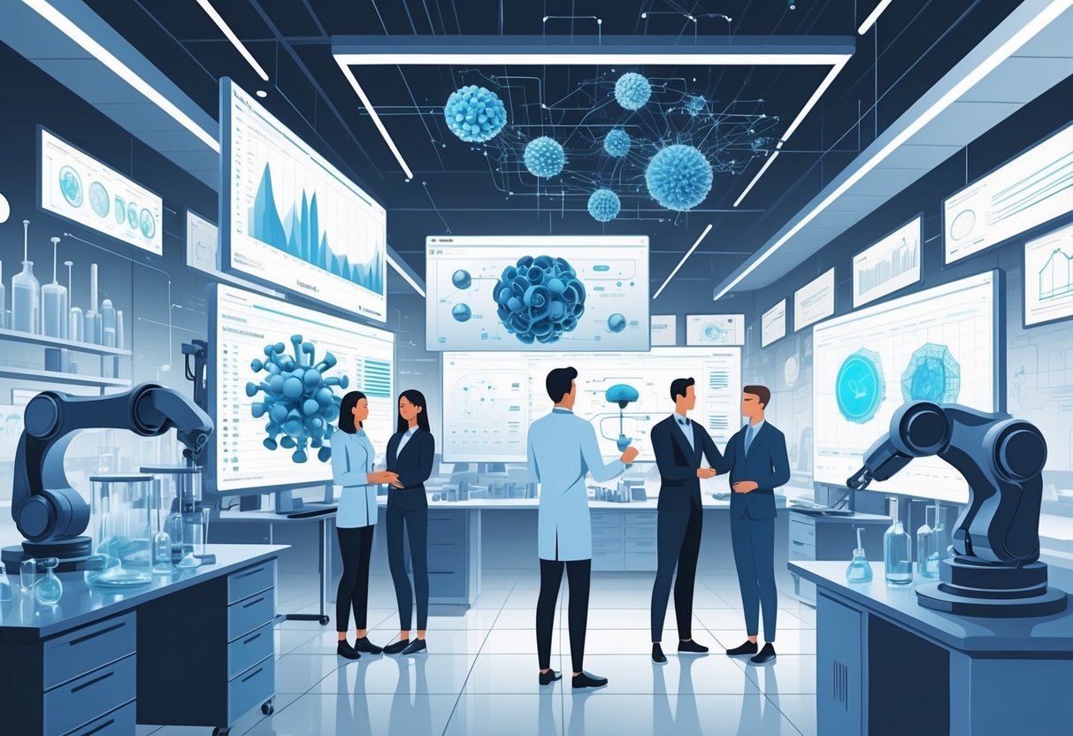 AI Science Simulation Tools: Best Platforms, Methods, and Use Cases LearningMole Scientists and engineers working together in a laboratory with digital screens and holograms showing scientific data, molecular models, engineering designs, and robotic components.