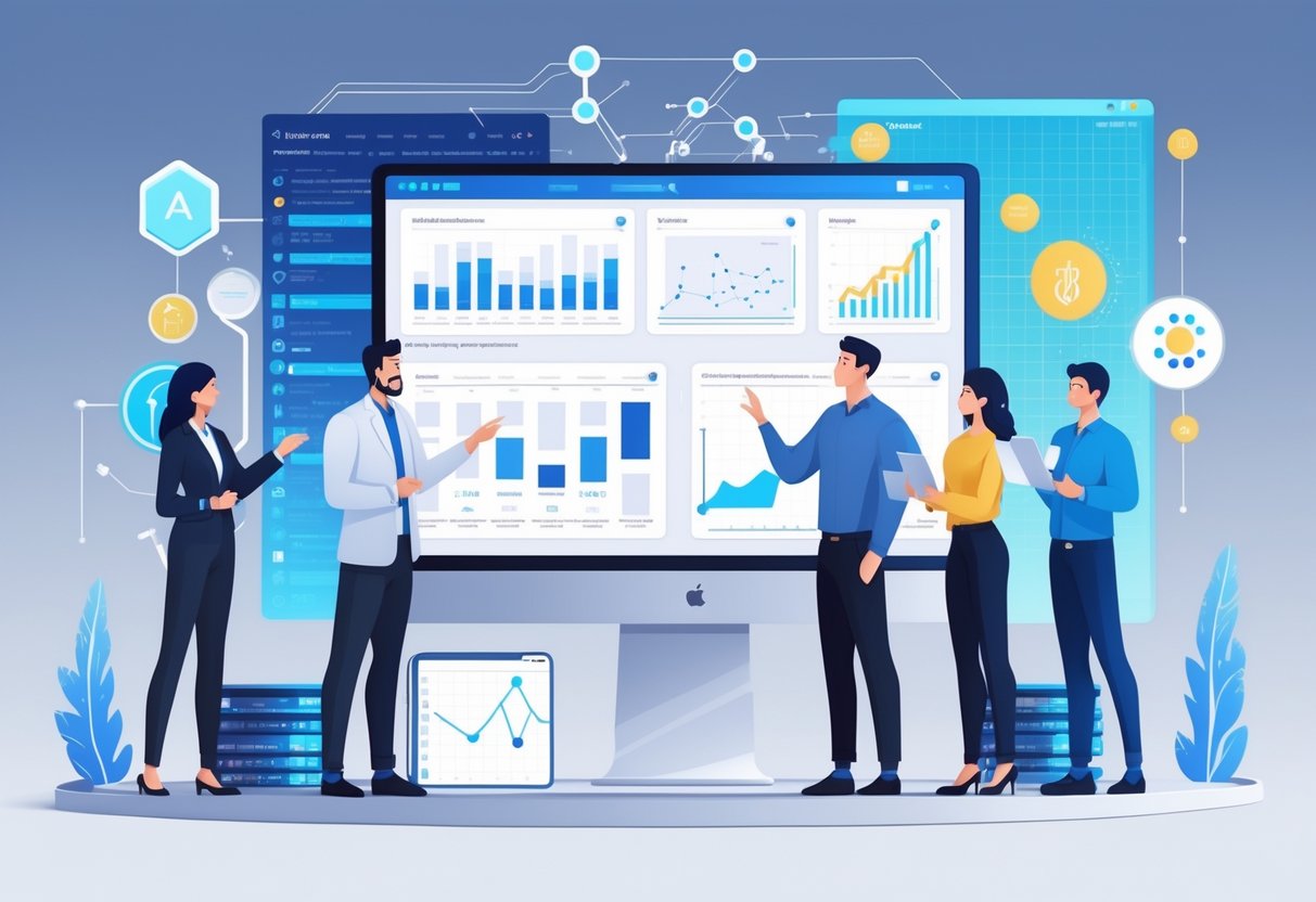 AI Science Simulation Tools: Best Platforms, Methods, and Use Cases LearningMole A group of professionals discussing AI science simulation tools around a computer displaying scientific data and software interfaces in a modern workspace.
