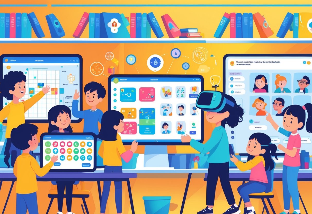 AI Educational Games: Engaging Learners with Artificial Intelligence LearningMole Children and teenagers using various AI educational games including tablets, VR headsets, touchscreens, and a robot assistant in a classroom.