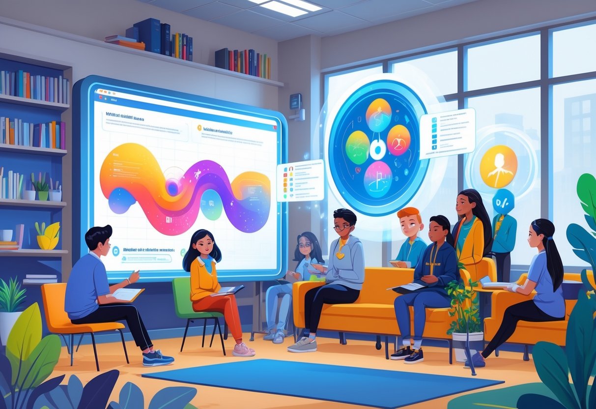 AI Mental Health Tools Schools: Supporting Student Well-Being LearningMole A group of students and teachers in a school using AI technology to support personalised mental wellness plans, with digital screens and friendly holographic assistants.