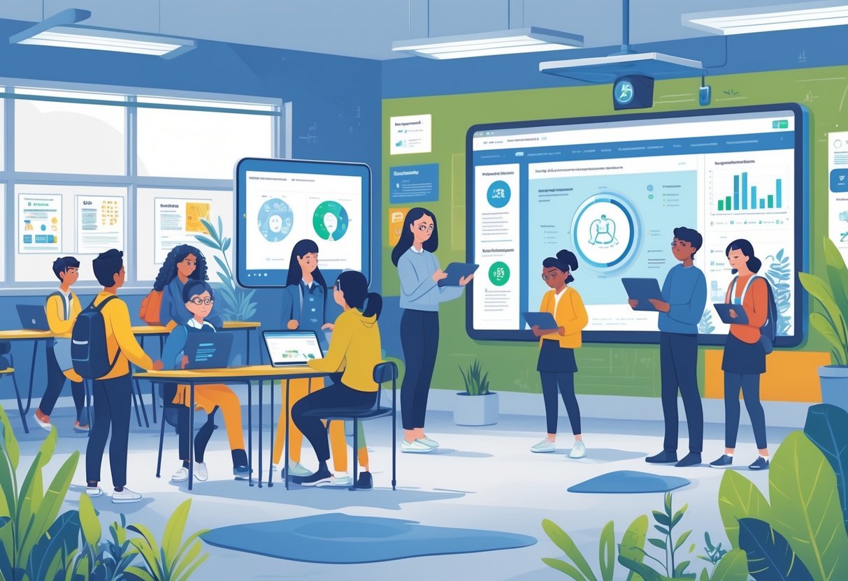 AI Mental Health Tools Schools: Supporting Student Well-Being LearningMole A school classroom where students and teachers use digital devices with AI mental health support, showing a bright and welcoming learning environment.