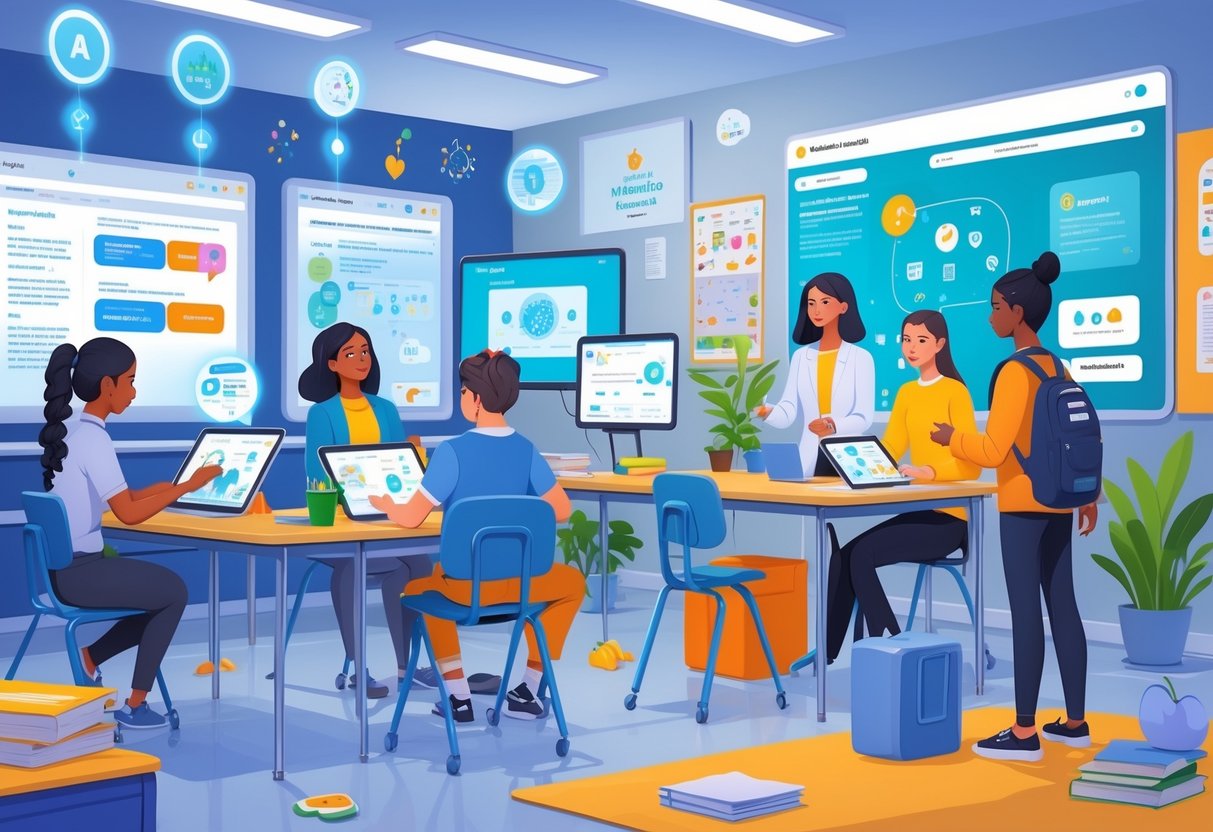AI Mental Health Tools Schools: Supporting Student Well-Being LearningMole A school scene showing students, teachers, and a counsellor using AI devices to support mental health, with a calm and caring atmosphere.