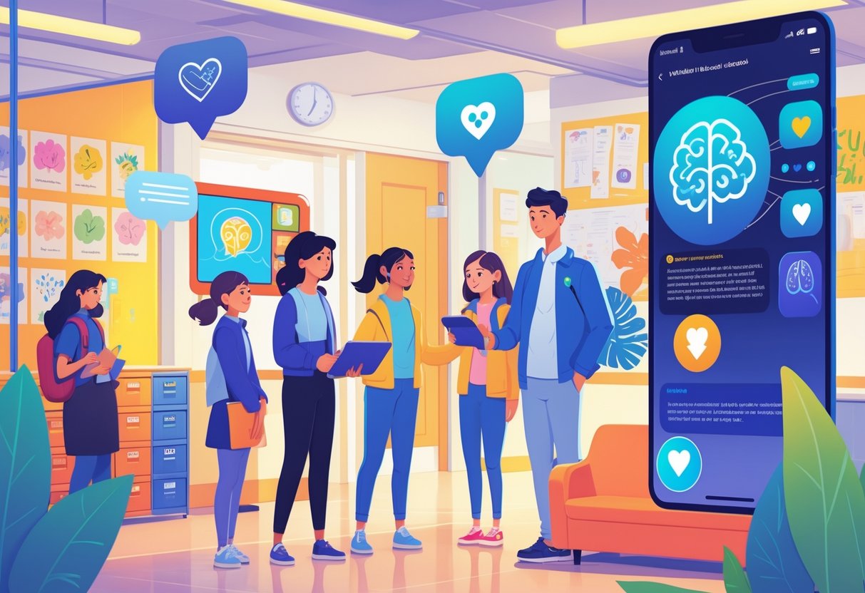 AI Mental Health Tools Schools: Supporting Student Well-Being LearningMole A school scene showing students and teachers using AI tools for mental health support, with digital screens and a holographic assistant in a bright, welcoming environment.