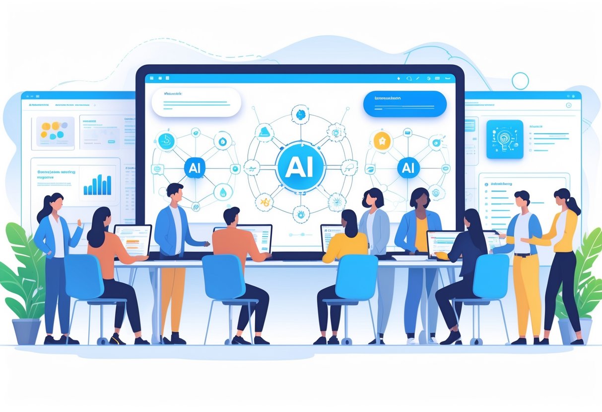 A group of people working together around digital devices and holographic displays showing AI-related symbols in a bright learning environment.