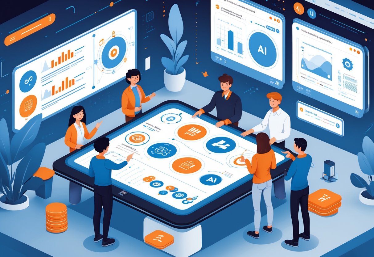 A group of students and educators interacting around a digital touchscreen table displaying AI skills data in a modern classroom.