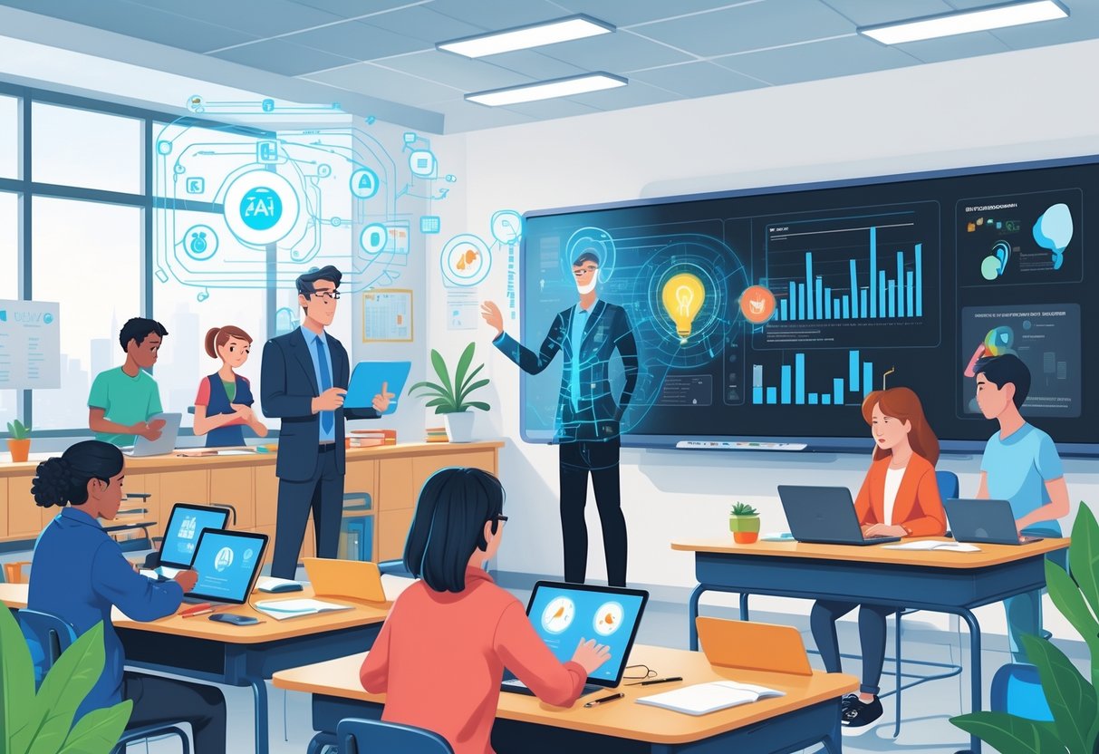 AI Classroom Management AI: Modern Solutions for Educators LearningMole A classroom with a teacher and students using technology, showing an AI assistant helping with managing the class while some students appear distracted and the AI shows signs of glitches.