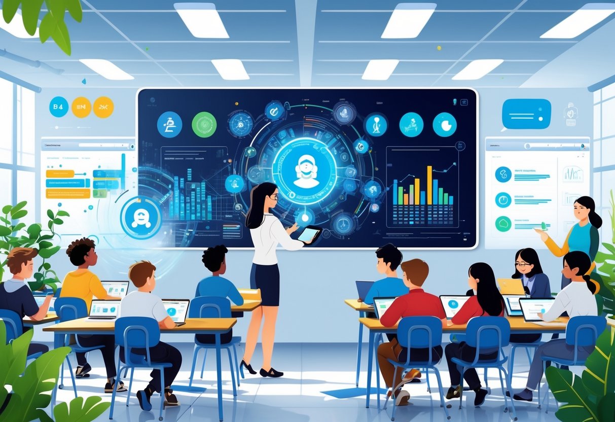 AI Classroom Management AI: Modern Solutions for Educators LearningMole A teacher using a tablet to manage a classroom where students are working with digital devices and interactive technology.