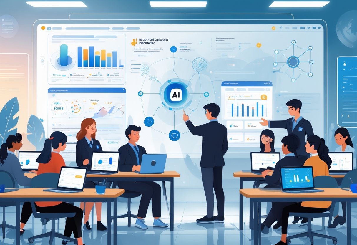 AI Student Success Prediction: Methods, Impact, and Best Practices LearningMole A classroom scene showing students using digital devices with data charts and an AI assistant guiding them, surrounded by futuristic technology and screens displaying predictive analytics.