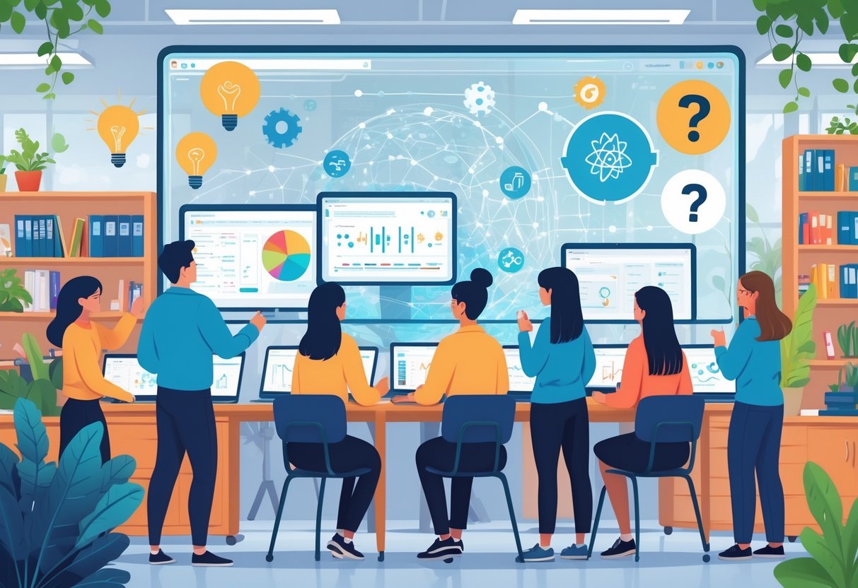 AI Creativity Tools Education: Essential Guide for Transforming Learning LearningMole A group of educators and students in a classroom using digital devices with holographic displays showing creative and ethical symbols, representing the challenges of adopting AI creativity tools in education.