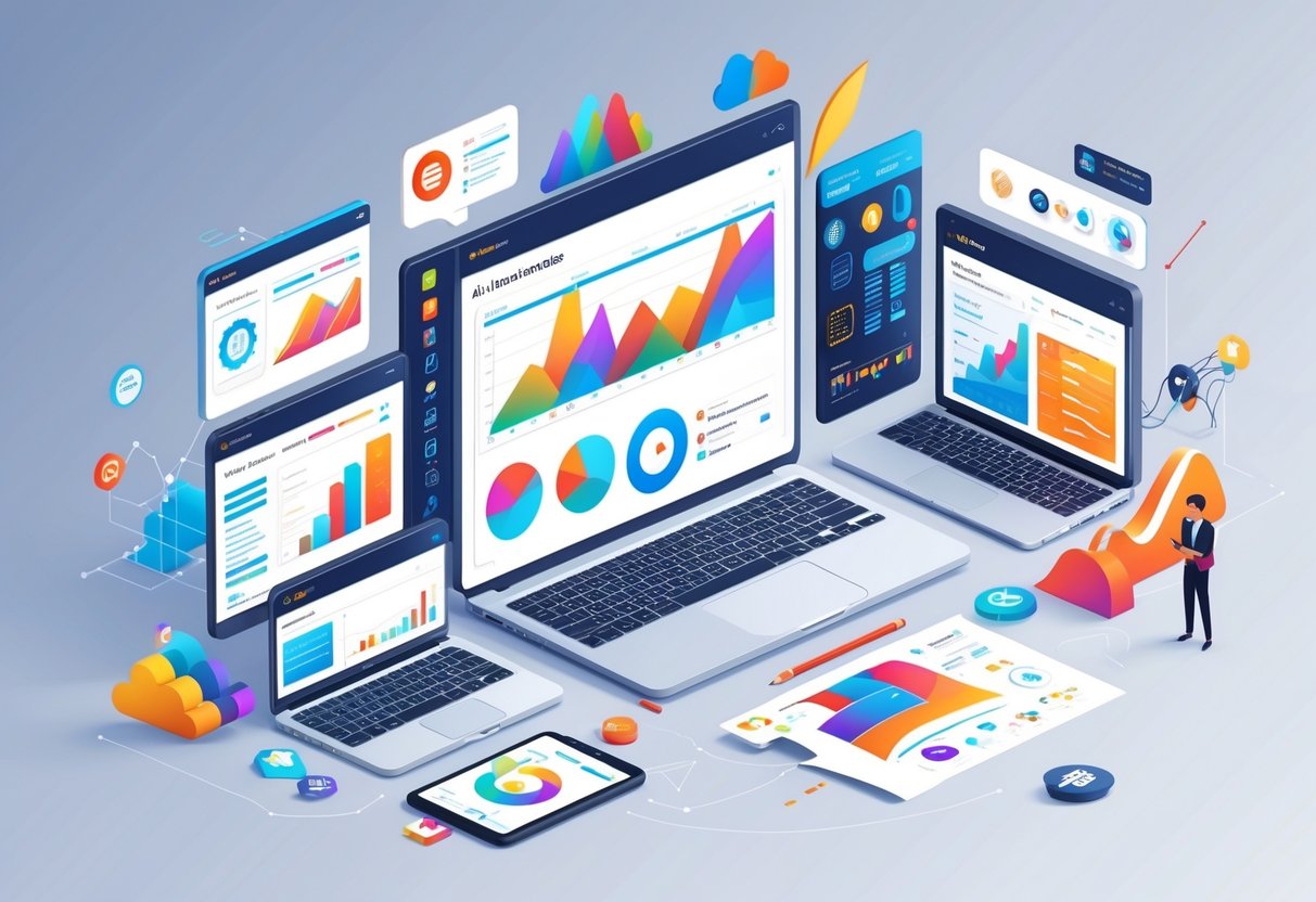 AI Student Portfolio Tools: Best Options for 2025 Success LearningMole A workspace with digital devices showing colourful dashboards and charts comparing AI portfolio tools for students, surrounded by icons representing AI technology.