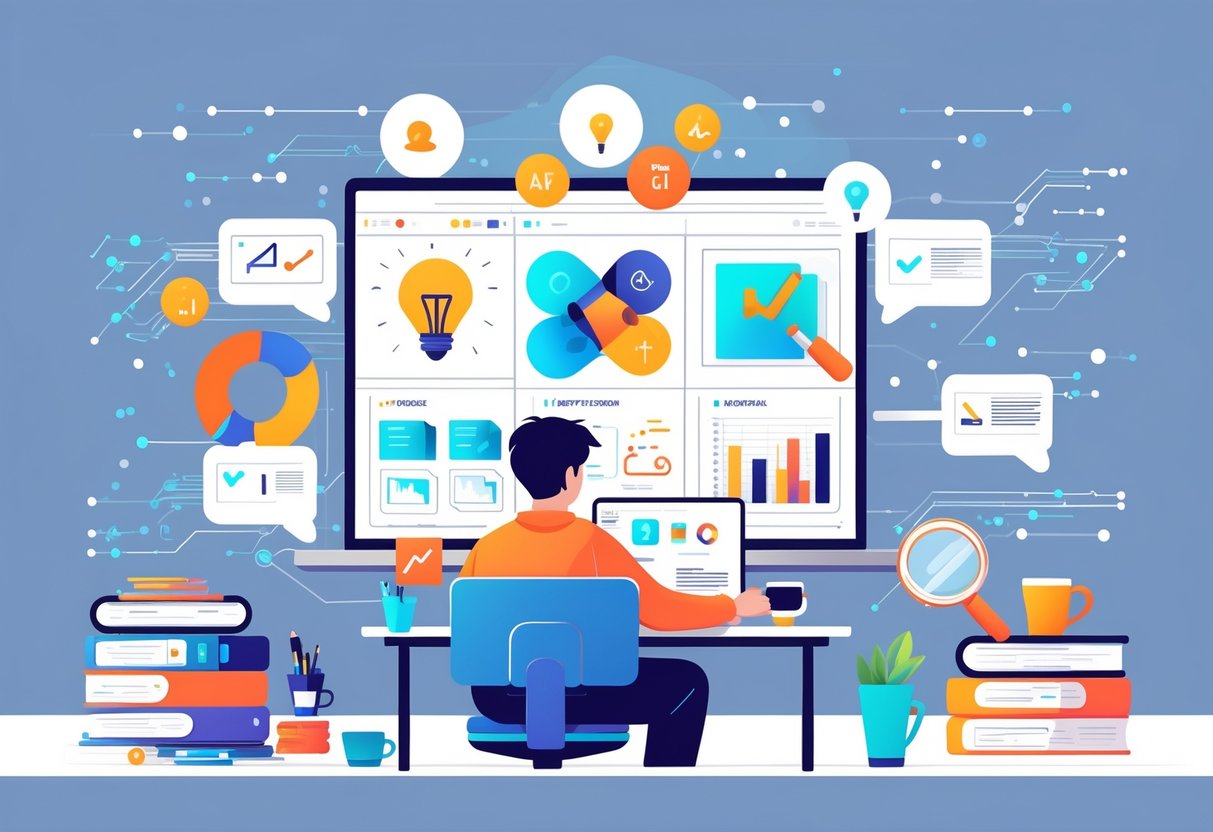 AI Student Portfolio Tools: Best Options for 2025 Success LearningMole A student working at a desk on a laptop surrounded by floating icons representing steps to create a portfolio using AI tools.