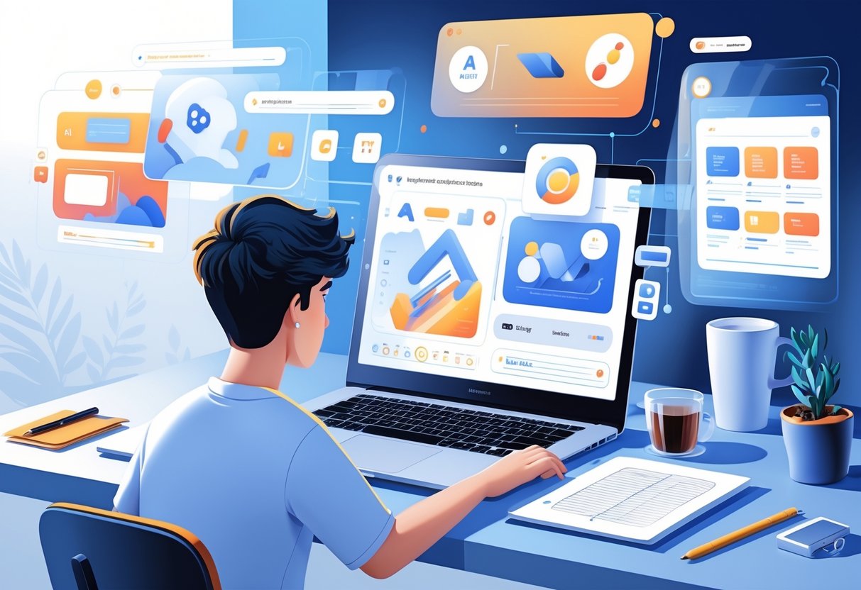 AI Student Portfolio Tools: Best Options for 2025 Success LearningMole A student working at a desk with a laptop and floating digital screens showing design elements being personalised using AI tools.