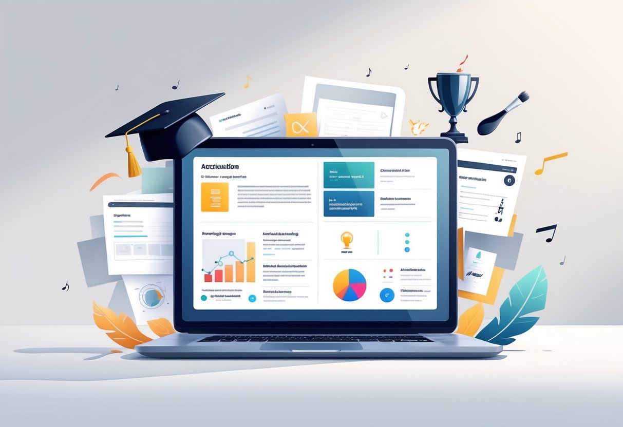 AI Student Portfolio Tools: Best Options for 2025 Success LearningMole A laptop displaying a student portfolio dashboard with sections for academic grades and extracurricular activities, surrounded by icons representing various achievements.