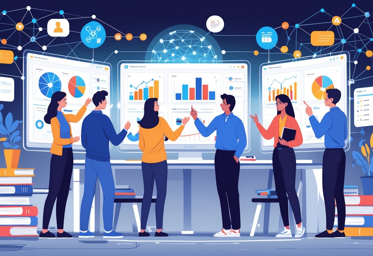 AI Student Portfolio Tools: Best Options for 2025 Success LearningMole Students and educators collaborating around digital screens displaying portfolio items and data, sharing feedback in a bright, organised workspace.